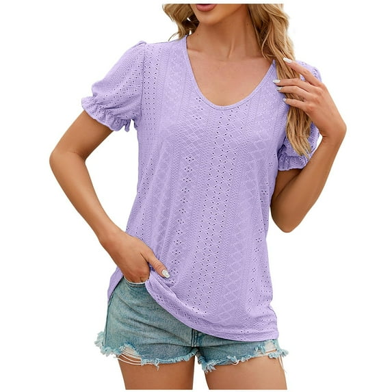 ZyeKqe Going out Tops for Women Puff Short Sleeve Shirts Casual V Neck T Shirts Crochet Summer Top
