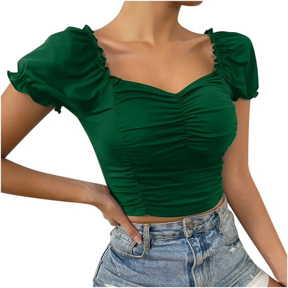 ZyeKqe Going out Tops for Women Puff Short Sleeve Shirts Square Neck Ruched Hem Crop Shirts Slim Basic Tees