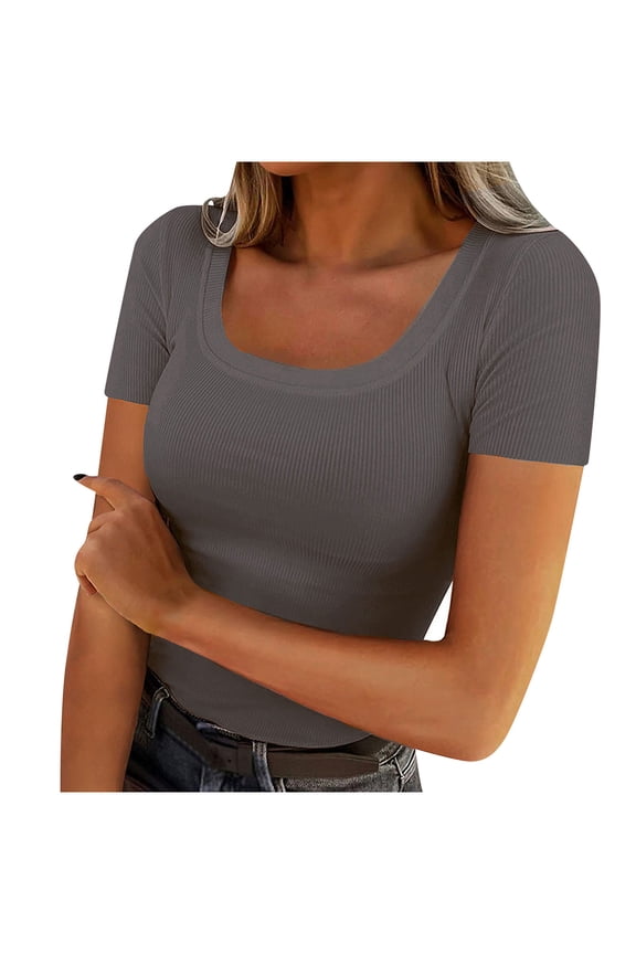Going out Tops for Women Ribbed Knit Fitted Tight Tshirt Short Sleeve Shirt Basic Knit Summer Top