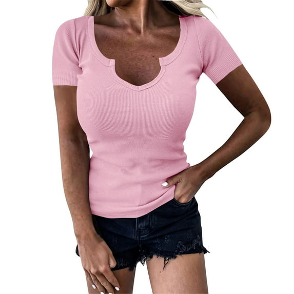 ZyeKqe Going out Tops for Women Short Sleeve Shirts Deep V Neck Stretchy Slim Fitted Basic Tees