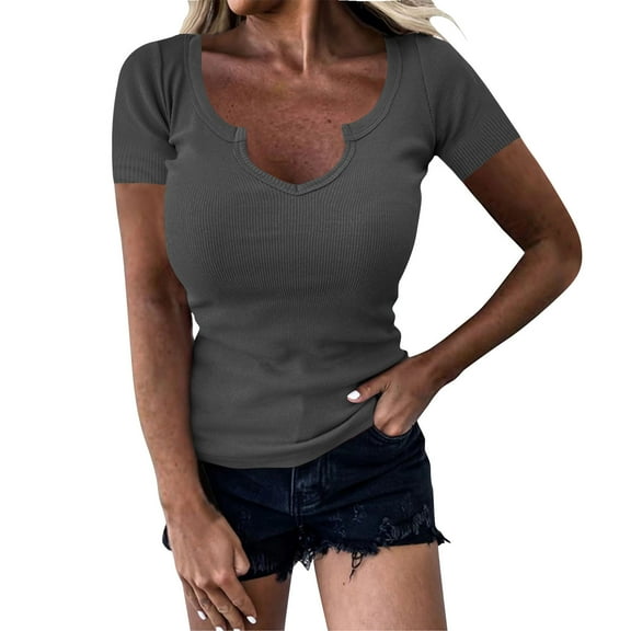 ZyeKqe Going out Tops for Women Short Sleeve Shirts Deep V Neck Stretchy Slim Fitted Basic Tees