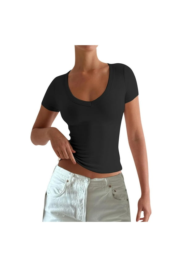 Going out Tops for Women Short Sleeve Shirts Deep V Neck T Shirts Stretchy Slim Fitted Tees