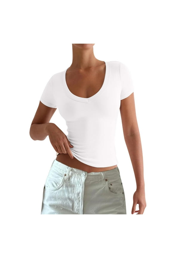 Going out Tops for Women Short Sleeve Shirts Deep V Neck T Shirts Stretchy Slim Fitted Tees