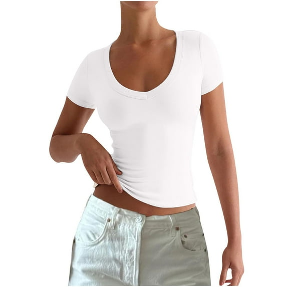 ZyeKqe Going out Tops for Women Short Sleeve Shirts Deep V Neck T Shirts Stretchy Slim Fitted Tees