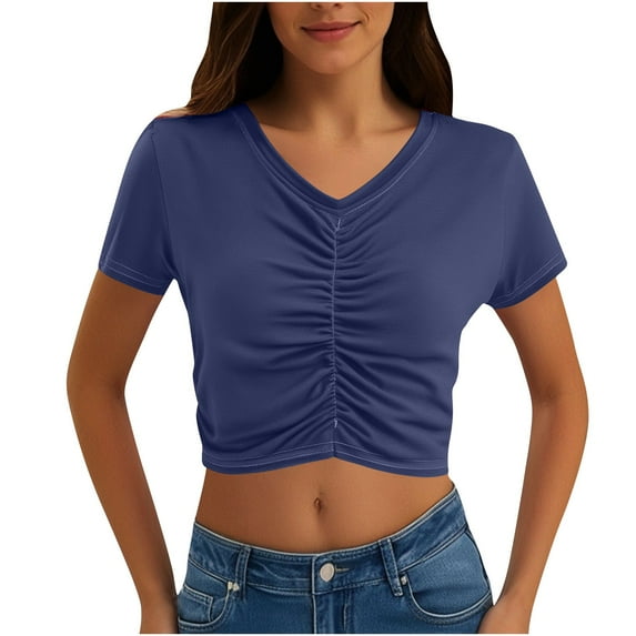 ZyeKqe Going out Tops for Women Short Sleeve Shirts Lace up V Neck T Shirts Solid Color Loose Fitted Tees