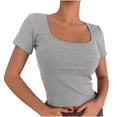 thumbnail image 1 of ZyeKqe Going out Tops for Women Short Sleeve Shirts Square Neck Crop Top Stretchy Slim Fitted Basic Tees, 1 of 3