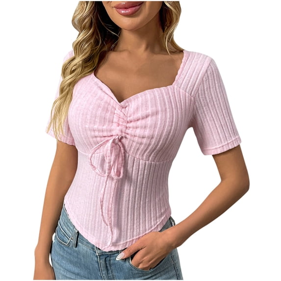 ZyeKqe Going out Tops for Women Short Sleeve Shirts Square Neck Lace up Ribbed Knit Stretchty Slim Fitted Tees