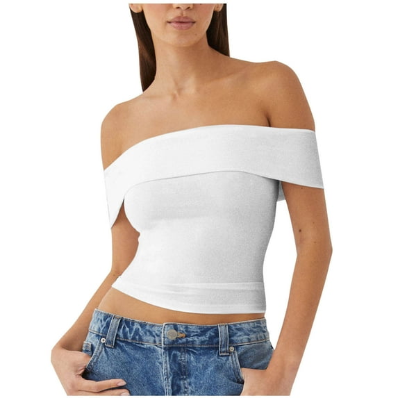 ZyeKqe Going out Tops for Women off Shoulder Tops Short Sleeve Crop Top Solid Color Stretchy Slim Fitted Basic Tees