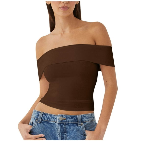 ZyeKqe Going out Tops for Women off Shoulder Tops Short Sleeve Crop Top Solid Color Stretchy Slim Fitted Basic Tees