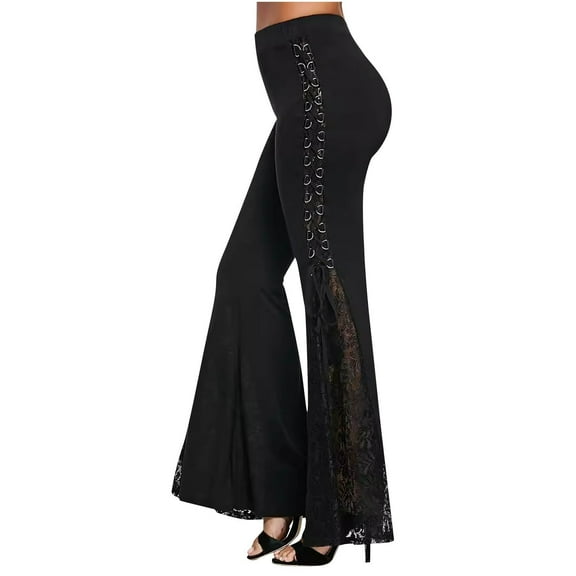 ZyeKqe Gothic Pants for Women High Waisted Bell Bottom Pants Side Drawstring Lace Floral Flare Leggings Trousers