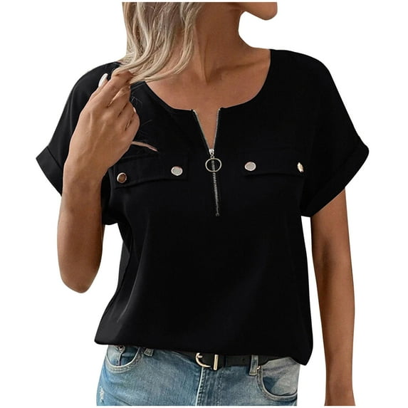 ZyeKqe Half Zip Tops for Women Short Sleeve Business Casual Tops Solid Color Office Work Blouses
