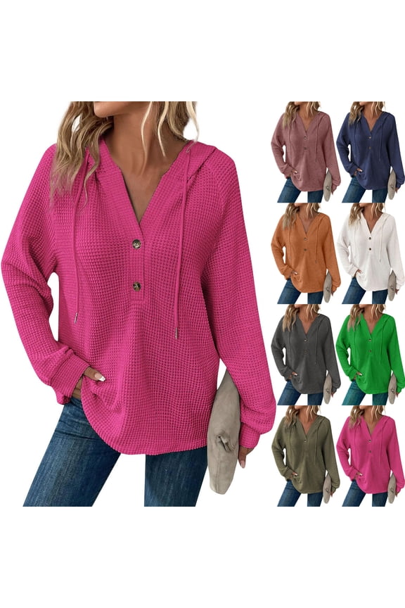 Hoodies for Women Button V Neck Sweatshirts Drawstring Textured Long Sleeves Shirts Solid Color Pullover Tops