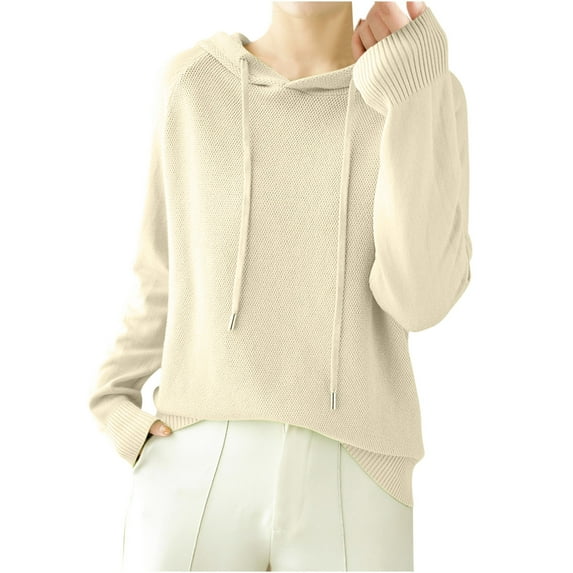 ZyeKqe Hoodies for Women Long Sleeve Knit Sweaters Drawstring Hooded Sweatshirts Solid Color Pullover Top
