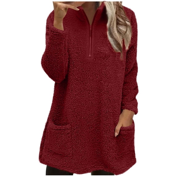 ZyeKqe Hoodies for Women Quarter Zip Fuzzy Fleece Long Sleeve Sweatshirt Casual Sherpa Stand Collar Sweater Mini Dress
