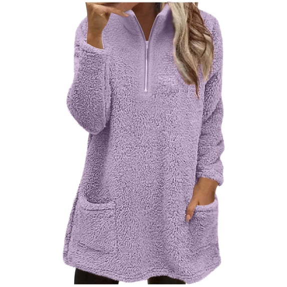 ZyeKqe Hoodies for Women Quarter Zip Fuzzy Fleece Long Sleeve Sweatshirt Casual Sherpa Stand Collar Sweater Mini Dress
