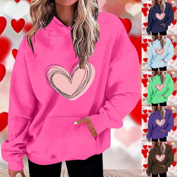 ZyeKqe Hoodies for Women Valentines Day Fleece Lined Hooded Sweatshirts Causal Heart Graphic Long Sleeve Pullover Tops