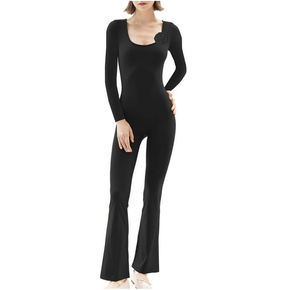 ZyeKqe Jumpsuits for Women Long Sleeve Square Neck Bodysuits Full Length Stretchy Flare Pants 1 Piece Outfits