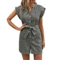 thumbnail image 1 of ZyeKqe Jumpsuits for Women Striped Sleeveless Button down Short Rompers Belted Work Overalls with Pockets, 1 of 5