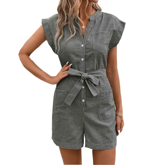ZyeKqe Jumpsuits for Women Striped Sleeveless Button down Short Rompers Belted Work Overalls with Pockets