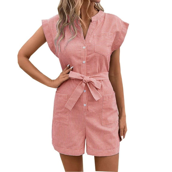 ZyeKqe Jumpsuits for Women Striped Sleeveless Button down Short Rompers Belted Work Overalls with Pockets