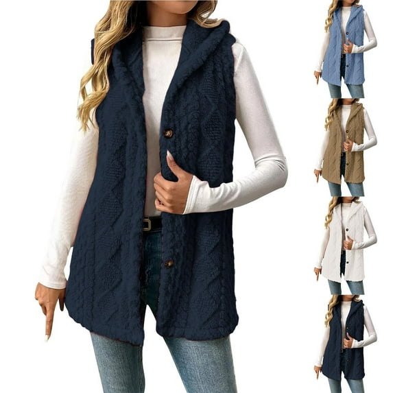 ZyeKqe Womens Long Vests Sherpa Hooded Tank Tops Fuzzy Fleece Warm Lightweight Outwear Fall Button up Sleeveless Cardigans