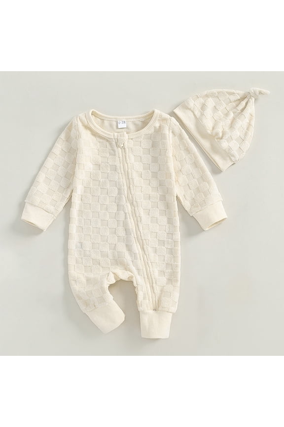 Kids Bodysuits Long Sleeve Full Zip Crewneck Casual Lightweight Comfy Breathable Base Layer Loungewear Rompers Hat Sets(0-3 Months,Beige)