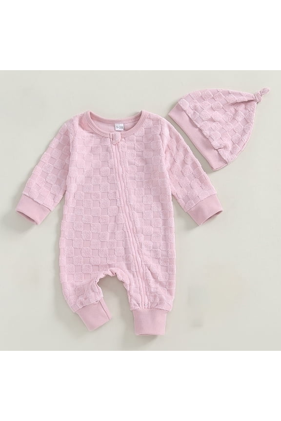 Kids Bodysuits Long Sleeve Full Zip Crewneck Casual Lightweight Comfy Breathable Base Layer Loungewear Rompers Hat Sets(6-12 Months,Pink)