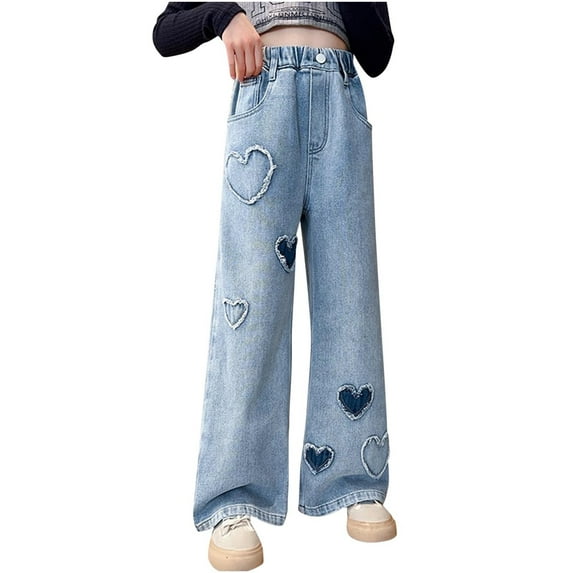 ZyeKqe Kids Clothes Toddler Baby Girls Jeans High Waisted Denim Pants Wide Leg Pull on Trousers with Pockets