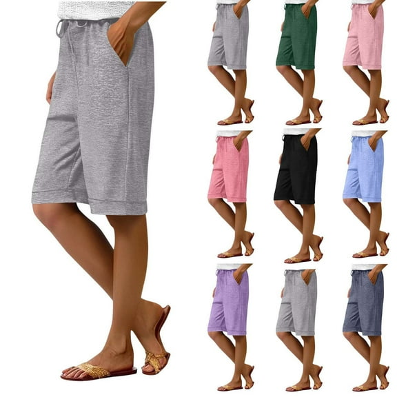 ZyeKqe Knee Length Pajamas Shorts for Women Drawstring High Waisted Lounge Pants Striaight Wide Leg Sleep Shorts