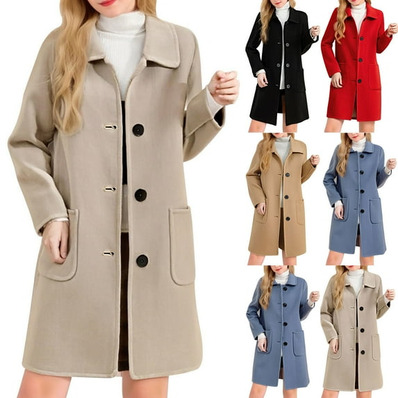 ZyeKqe Womens Coats Long Sleeve Lapel Neck Oped Front Elegant Overcoat Mid-Length Solid Color Outwear Dress Coat with Pockets