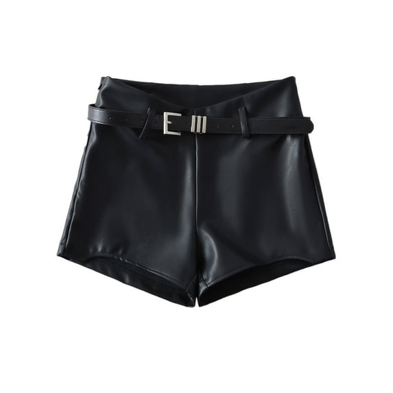ZyeKqe Leather Shorts for Women High Waist Casul Wide Leg Shorts with Pockets Belt Solid Color