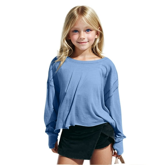 ZyeKqe Girls Long Sleeve Shirts Casual Open Back Workout Crop Tops Kids Athletic Gym Yoga Tees Tops with Thumb Hole