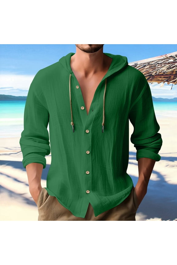 Long Sleeve Cotton Linen Shirts for Men Button down Hooded Drawstring Lightweight Wicking Breathable Workout Tops
