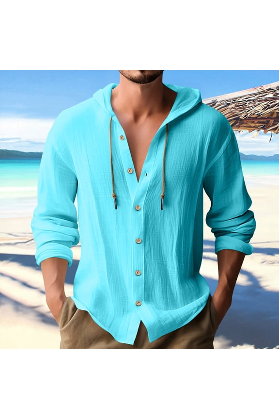 Long Sleeve Cotton Linen Shirts for Men Button down Hooded Drawstring Lightweight Wicking Breathable Workout Tops