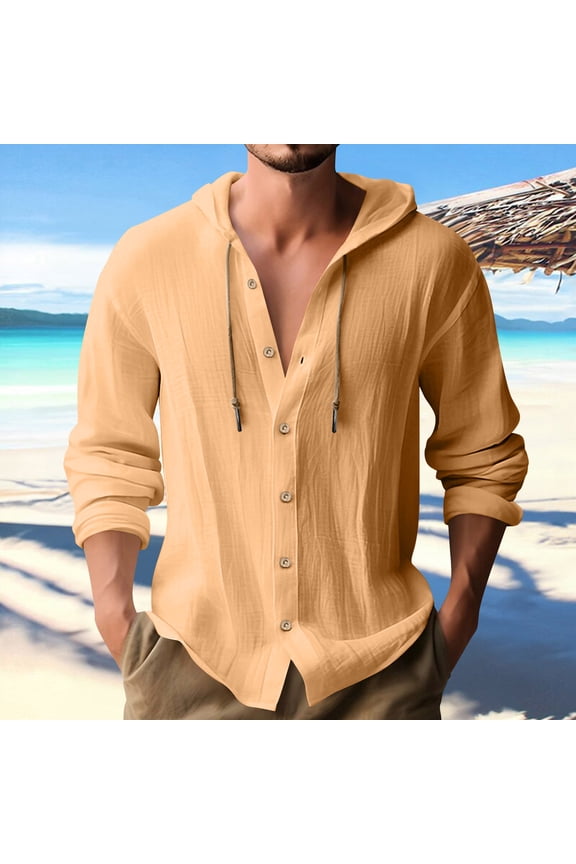 Long Sleeve Cotton Linen Shirts for Men Button down Hooded Drawstring Lightweight Wicking Breathable Workout Tops