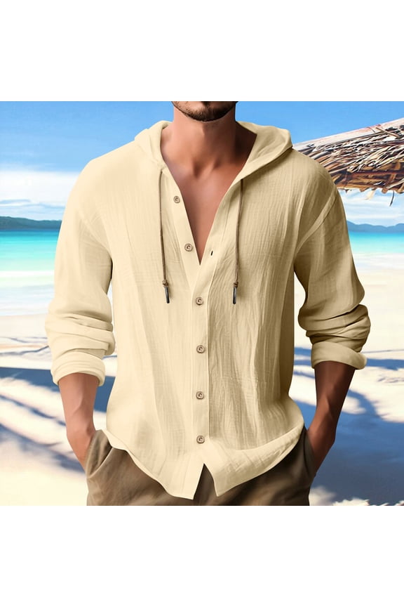 Long Sleeve Cotton Linen Shirts for Men Button down Hooded Drawstring Lightweight Wicking Breathable Workout Tops