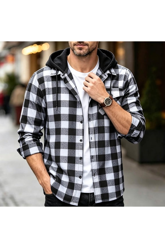 Long Sleeve Shirts for Men Button down Plaid Casual Hooded Drawstring Lightweight Outerwear with Pockets