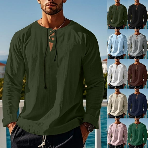 ZyeKqe Long Sleeve Shirts for Men Casual Summer Solid Color Beach Tops Lace-Up Crew Neck T-Shirts