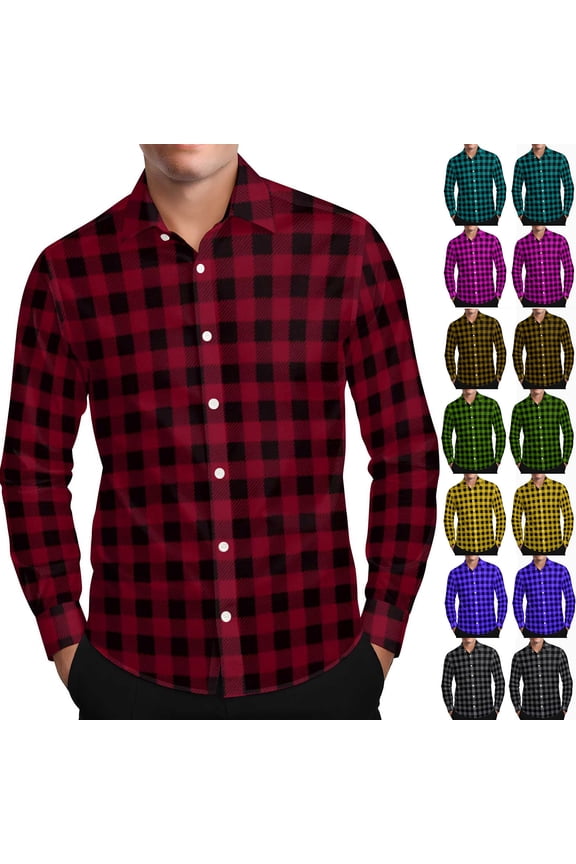 Long Sleeve Shirts for Men Plaid Button down Blouses Loose Fitted Casual Collared Dress Shirts