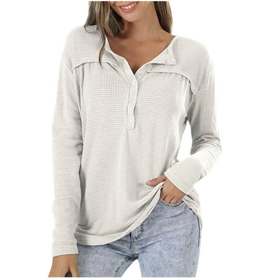 ZyeKqe Long Sleeve Shirts for Women Button up V Neck Top Solid Color Casual Loose Fitted Tees Top