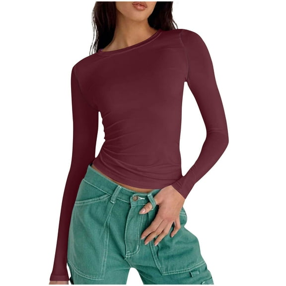 ZyeKqe Long Sleeve Shirts for Women Casual Crewneck Solid Color Basic Tees Slim Fitted Going out Tops