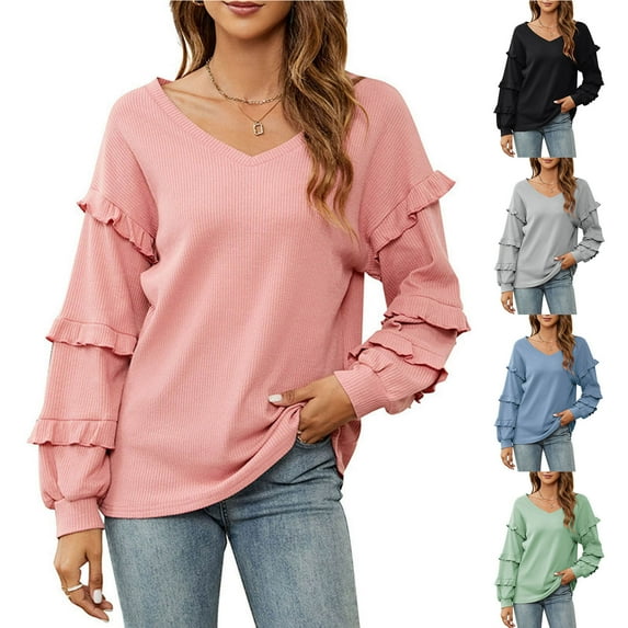 ZyeKqe Long Sleeve Shirts for Women Casual V Neck Loose Fitted Tunics Ruffle Solid Color Dressy Oversized Basic T Shirt