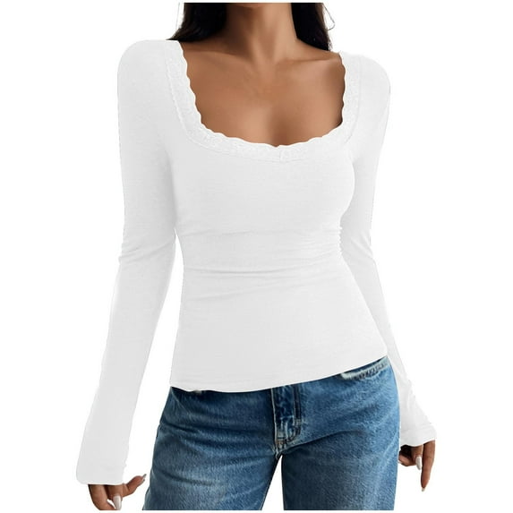 ZyeKqe Long Sleeve Shirts for Women Ribbed Knit Casual Slim Fitted Crop Tops Scoop Neck Lace Basic Shirts
