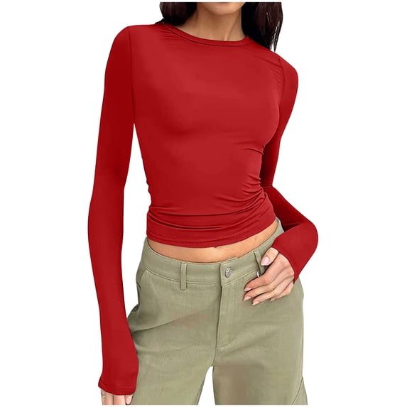 ZyeKqe Long Sleeve Shirts for Women Round Neck Going out Tops Slim Fitted Base Layer Undershirts Stretchy Basic Tees