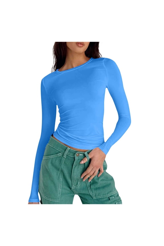 Long Sleeve Shirts for Women Round Neck Going out Tops Slim Fitted Base Layer Undershirts Stretchy Basic Tees