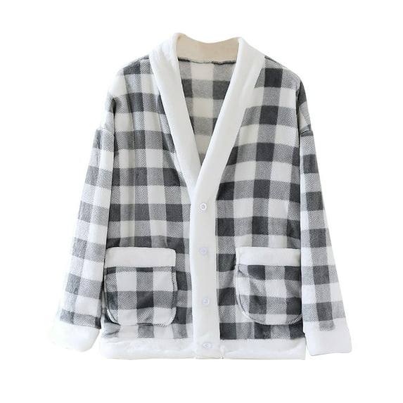 ZyeKqe Womens Pajamas Tops Plaid Fuzzy Fleece Jacket Button down Sleepwear Long Sleeve Plush Warm Winter Coat with Pockets