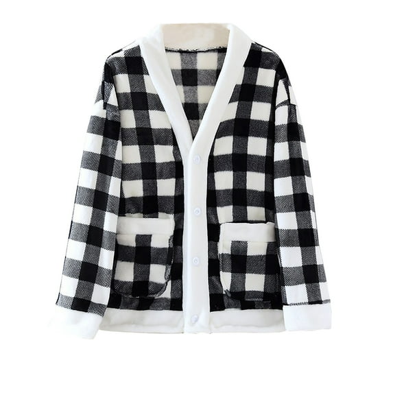 ZyeKqe Womens Pajamas Tops Plaid Fuzzy Fleece Jacket Button down Sleepwear Long Sleeve Plush Warm Winter Coat with Pockets