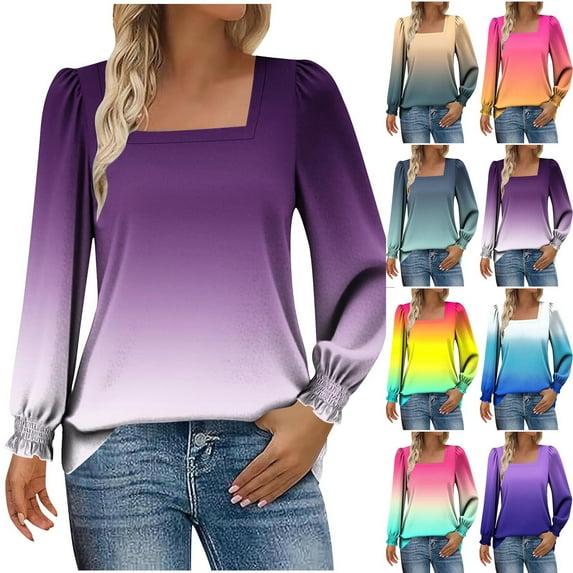 ZyeKqe Long Sleeve Shirts for Women Square Neck Casual Tops Fall Loose Fitted Comfy Tunic Shirts Blouses