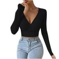 thumbnail image 1 of ZyeKqe Long Sleeve Shirts for Women Wrap Deep V Neck Going out Tops Ribbed Knit Slim Fitted Crop Top, 1 of 6