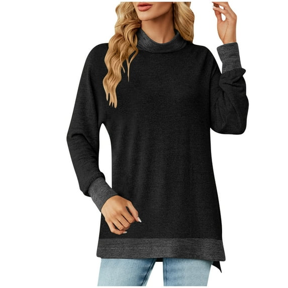 ZyeKqe Long Sleeve Tops for Women High Neck Shirts Side Split Going out Tops Loose Fitting Tees Top Blouses